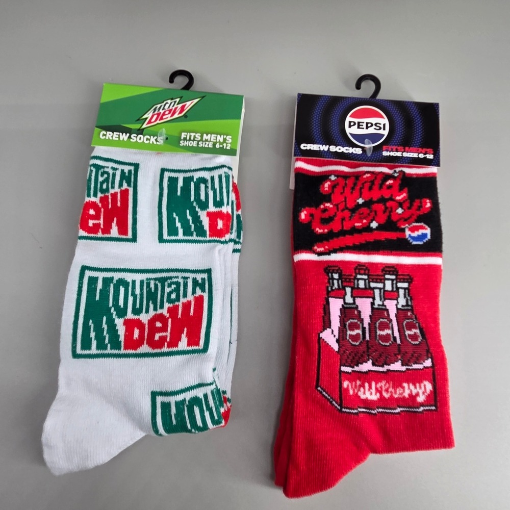 Mountain Dew Pepsi Wild Cherry Crew Socks Mens 6-12 2 Pair Bundle Soda Pop Art